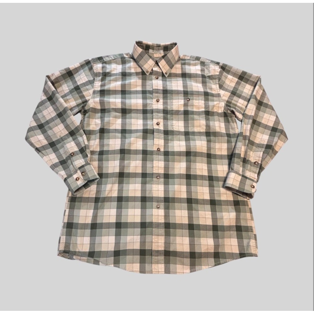 Orvis Men's Medium Tall Plaid Long Sleeve Button Down Green Tan